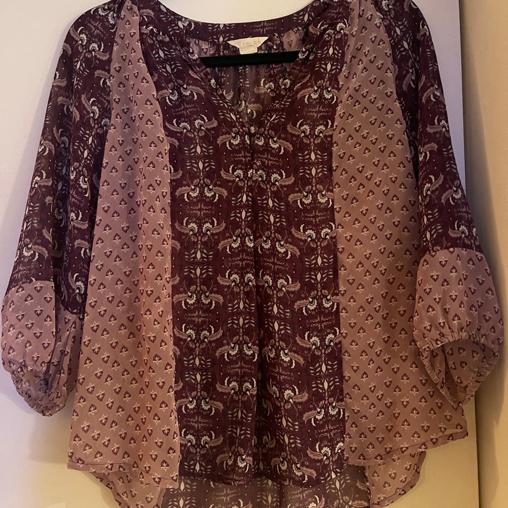 Caslon Hippie Chic Blouse Boho paisley patchwork flouncy tunic Burgundy/mauve XS